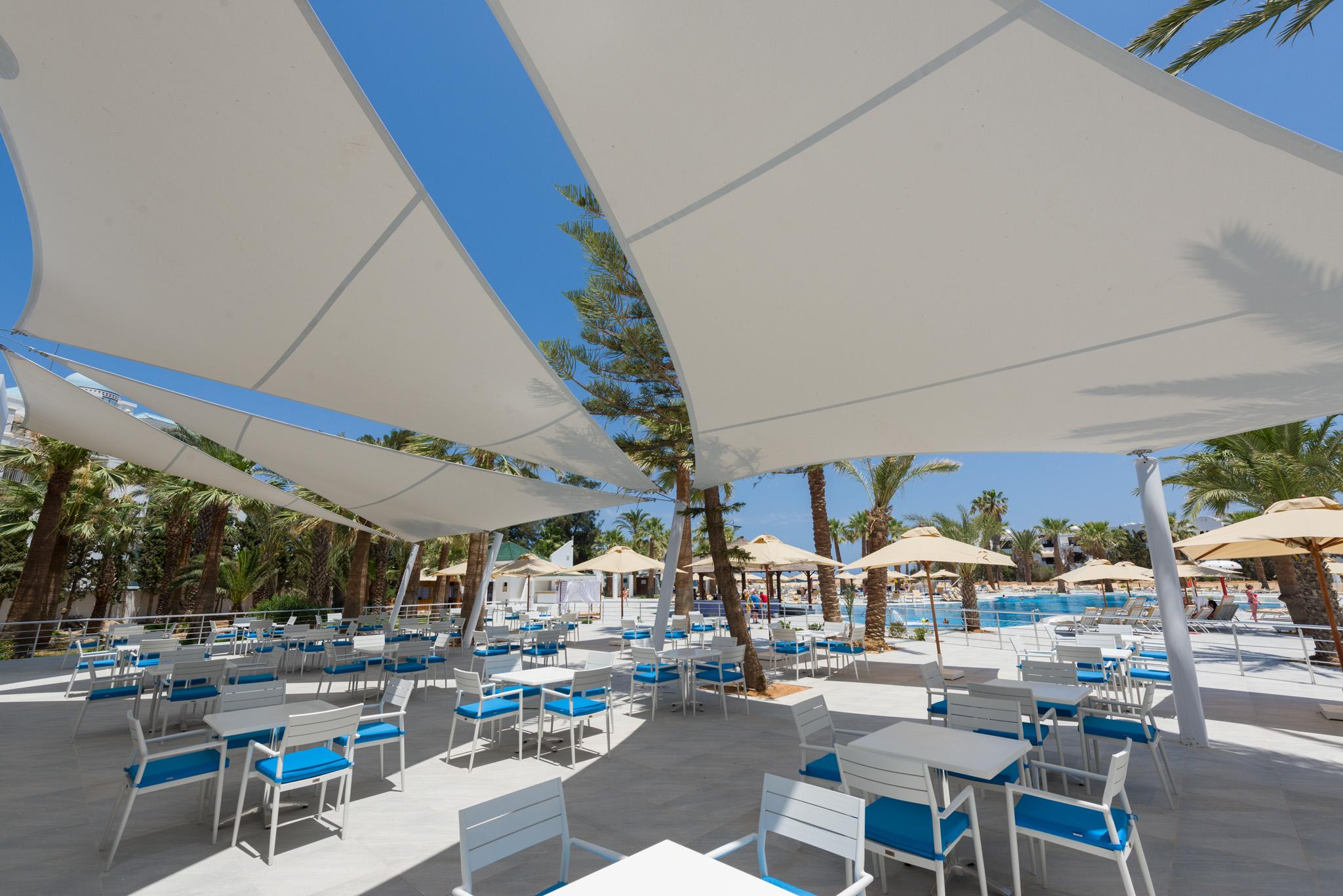 Marhaba Palace Port El Kantaoui Kültér fotó Shade sails at a resort in Crete, Greece